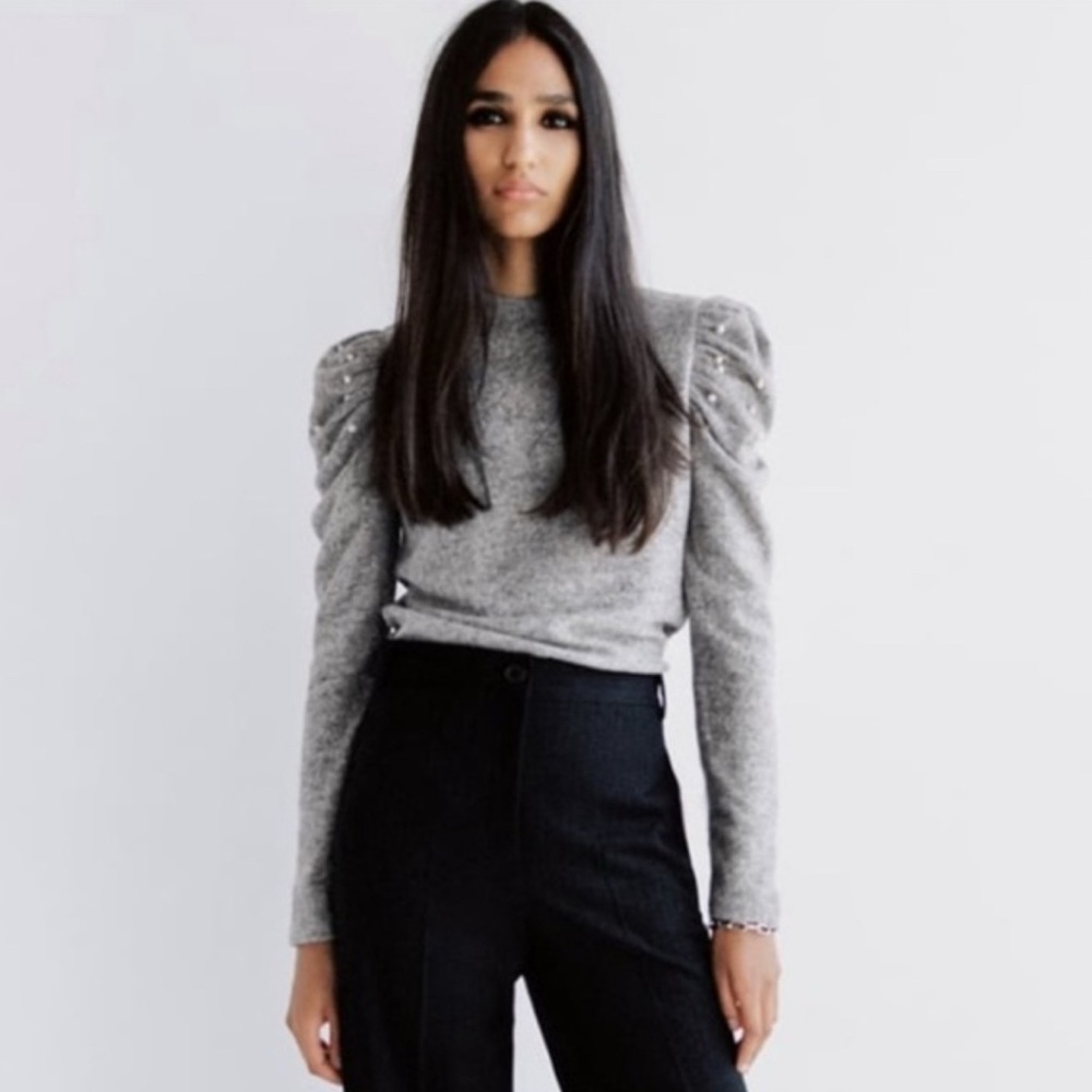 Zara soft touch sweater shirt puff shoulder Pearl details